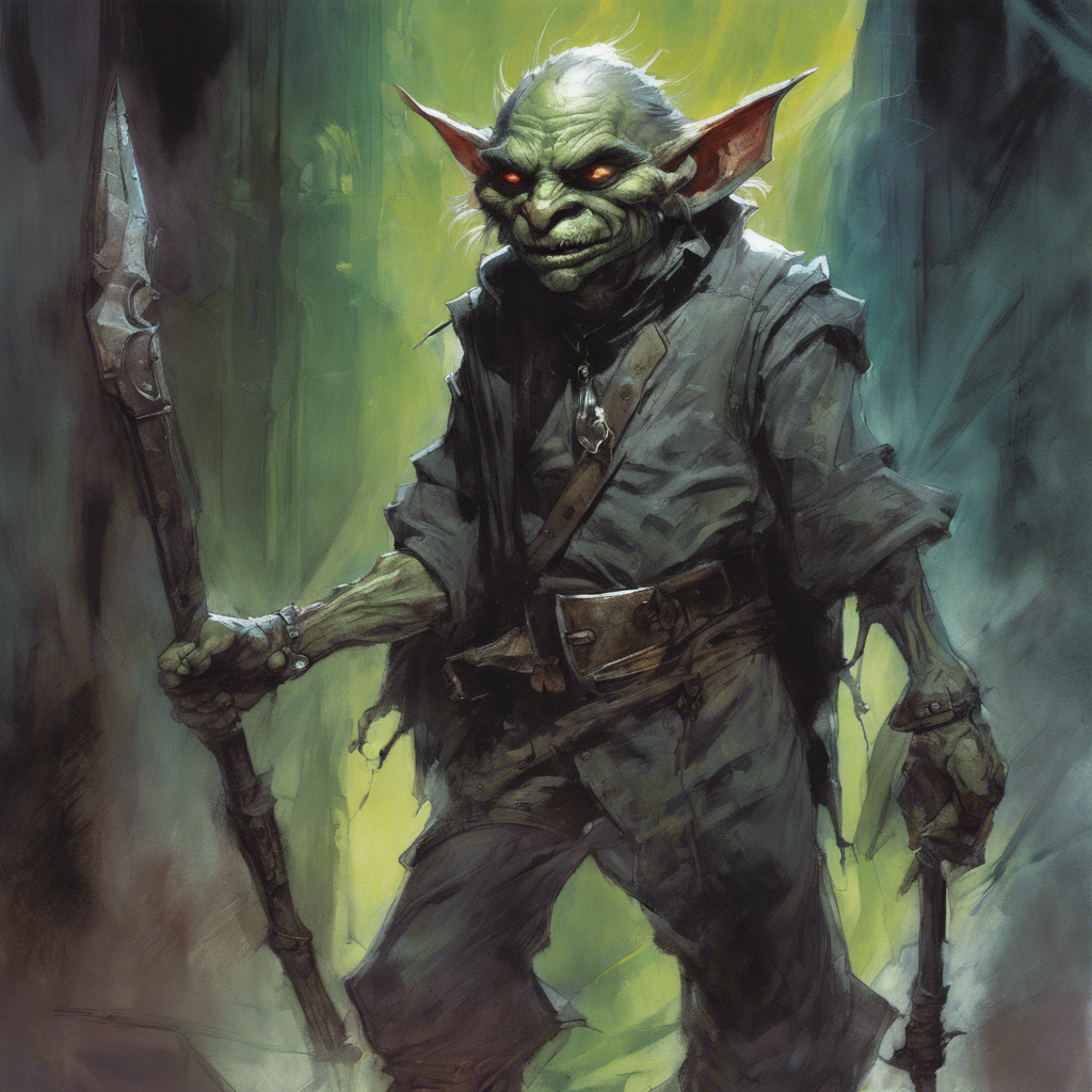 Portrait of Grimblet Halfshank - A cunning and calculating goblin, feared by many for his ruthless efficiency.
