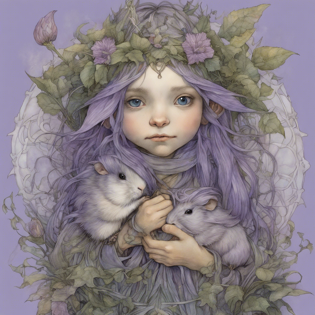 Portrait of Lily Lavendula - Lily is a whimsical and caring lavender fairy who anthropomorphizes as a guinea pig to protect and nurture the children in the neighborhood.