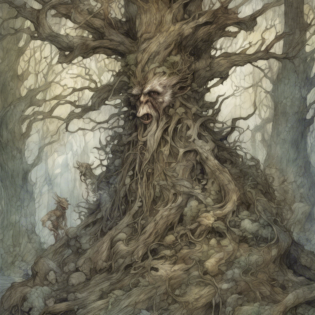 Portrait of Vorwood Rotbark - A once noble and wise protector of the forest, now twisted by dark influence.