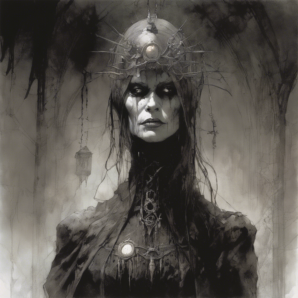 Portrait of Lady Seraphina Grimwood - A cryptic, ethereal figure haunting the decrepit catacombs of ancient crypts and forgotten graveyards.