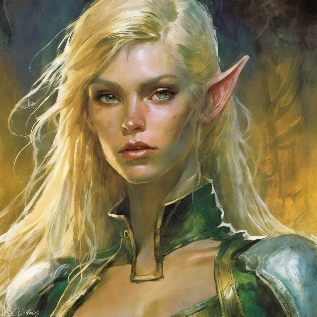 Portrait of Alica Silverleaf - Alica is a stunning elven teen with flowing blonde hair and a physique that embodies grace and athleticism.